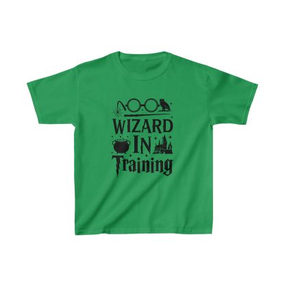 Image of a children's t-shirt with the phrase "Wizard in Training" printed in bold, whimsical font. The shirt features a playful design, including a small wand graphic with sparkles around it. The t-shirt is a soft, comfortable cotton blend, perfect for young Harry Potter fans. It comes in a vibrant color, with short sleeves and a classic crew neckline, giving it a magical yet casual look for everyday wear.