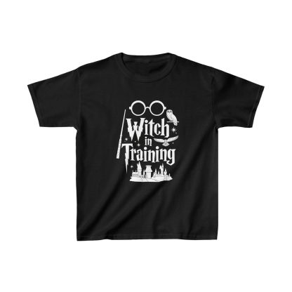 T-shirt with 'Witch in Training' printed in whimsical white font, designed for young wizarding fans. Perfect for magical adventures and everyday wear."