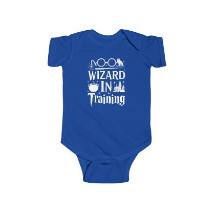 Baby onesie with the text "Wizard in Training" printed on it, designed for little spellcasters. Made from 100% combed ringspun cotton, this soft onesie features ribbed knitting bindings for durability and easy-to-use plastic snaps for quick diaper changes. The light fabric keeps babies comfy during their magical mischief. Ideal for new parents or baby showers, this onesie introduces your little one to the world of wizardry with charm and comfort.