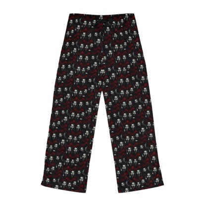 Women's pajama pants featuring an all-over Ghostface print from the "Scream" horror franchise. The pants are made from soft, lightweight polyester jersey fabric, with a relaxed fit, back elastic waistband, and a drawstring tie for comfort. Perfect for lounging or enjoying a scary movie marathon, these pants offer a spooky yet stylish vibe for Halloween lovers and horror fans.