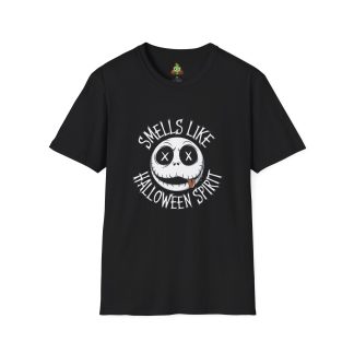 A unisex t-shirt featuring a mischievous Jack Skellington with his tongue out and the phrase "Smells Like Halloween Spirit" printed on the front. Perfect for Halloween lovers, the shirt is crafted from 100% soft ring-spun cotton for solid colors, or a cotton-poly blend for heathers and greys. Lightweight and comfortable, it’s ideal for Halloween festivities or casual wear year-round. The durable twill-taped shoulders and ribbed collar ensure long-lasting style, while the tear-away label adds extra comfort. Embrace your spooky side and celebrate Halloween in style with this fun, haunting tee.