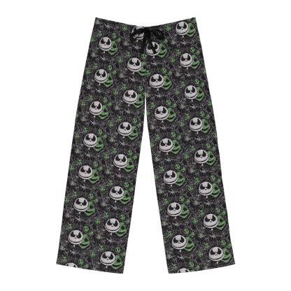 Black pajama pants with an all-over Jack Skellington print from The Nightmare Before Christmas. Made from silky-smooth 100% polyester jersey knit, these pants feature a relaxed fit with an elastic back and drawstring tie for adjustable comfort. Ideal for Halloween enthusiasts who want to showcase their spooky style while lounging. Perfect for watching movies, handing out candy, or celebrating the season in comfort and style.