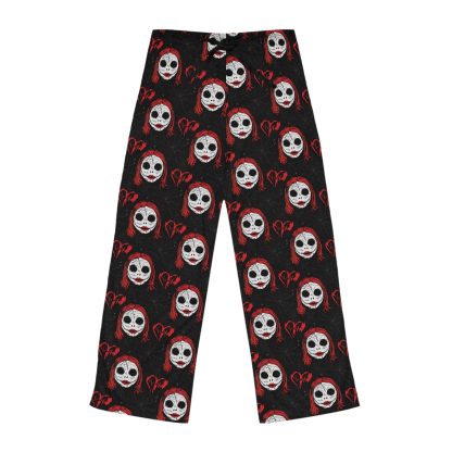 Women's pajama pants with an all-over Sally print from The Nightmare Before Christmas. Made from 100% polyester jersey knit fabric, these pants offer a soft, relaxed fit with a back elastic waistband and adjustable drawstring tie. Perfect for showing off your spooky side while lounging at home, whether you're watching horror movies or sipping on a Halloween brew. The whimsical Sally design adds a charming touch to your loungewear collection, making these pants both cute and comfy.