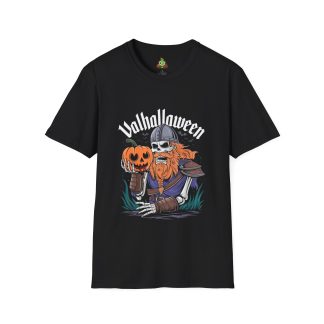 A unisex t-shirt featuring a bold graphic of a skeleton Viking holding a bloody Jack-o'-Lantern, with the words "Valhalloween" printed above. The Viking, depicted with fierce detail, has an intimidating stance, blending spooky Halloween vibes with Norse mythology. The t-shirt is made of soft, 100% ring-spun cotton, offering a lightweight and comfortable fit. It has a classic crew neckline and durable twill-taped shoulders, perfect for Halloween lovers and those who enjoy a good scare. The dark-colored tee enhances the eerie and powerful design, capturing the essence of a Viking's Halloween spirit.