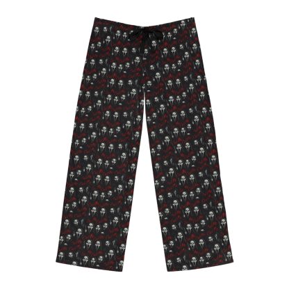 Men's Halloween pajama pants featuring an all-over Ghostface print. Made from 100% polyester jersey knit fabric, these pants offer a silky smooth feel with a relaxed fit for ultimate comfort. The back elastic waistband and black drawstring tie ensure an adjustable fit, making them perfect for lounging during horror movie marathons. The Ghostface design adds a spooky touch, ideal for any Halloween fan who loves scary movies and comfort.