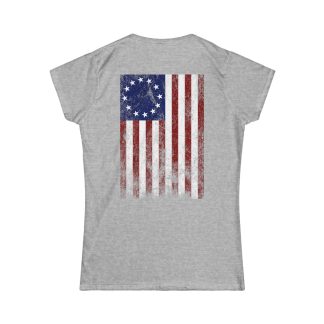 Women's softstyle t-shirt featuring the original Betsy Ross flag with 13 stars in a circle. Made from 100% ringspun cotton for a soft and comfortable feel, with a semi-fitted design and shortened sleeves for a feminine touch. The shirt includes twill-taped shoulders for durability and a ribbed collar seam to maintain shape. A stylish and patriotic tee, perfect for women who love American history and fashion.