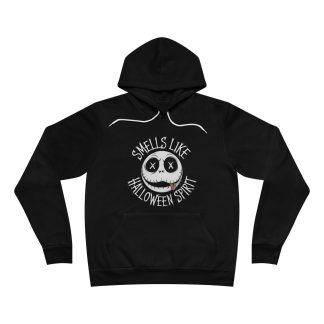 A cozy unisex hoodie featuring Jack Skellington with his tongue out and the phrase "Smells Like Halloween Spirit" across the front. Made from a soft blend of 52% Airlume combed and ringspun cotton and 48% polyester, this medium-weight hoodie offers comfort for all your spooky season adventures. It includes a pouch-style front pocket for holding essentials, a white drawcord-adjustable hood, and ribbed cuffs and waistband for a snug fit. Perfect for Halloween lovers, this hoodie showcases a playful, mischievous Jack Skellington design, making it ideal for haunted hayrides, pumpkin spice runs, or horror movie marathons.