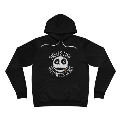 A cozy unisex hoodie featuring Jack Skellington with his tongue out and the phrase "Smells Like Halloween Spirit" across the front. Made from a soft blend of 52% Airlume combed and ringspun cotton and 48% polyester, this medium-weight hoodie offers comfort for all your spooky season adventures. It includes a pouch-style front pocket for holding essentials, a white drawcord-adjustable hood, and ribbed cuffs and waistband for a snug fit. Perfect for Halloween lovers, this hoodie showcases a playful, mischievous Jack Skellington design, making it ideal for haunted hayrides, pumpkin spice runs, or horror movie marathons.