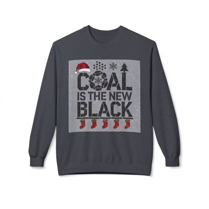 A cozy unisex sweatshirt featuring festive Christmas decorations and the witty phrase "Coal is the New Black" printed in bold letters. Made from a soft blend of 80% ring-spun cotton and 20% polyester, this sweatshirt has a relaxed, dropped-shoulder fit. Ideal for standing out at ugly sweater parties or embracing your naughty list status with humor, the design combines holiday cheer with playful sarcasm. The sweatshirt offers a fun, irreverent twist on traditional holiday fashion, perfect for those who prefer coal over reindeer sweaters.