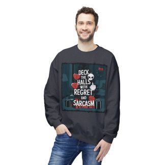 A cozy unisex sweatshirt featuring a festive Christmas tree with the irreverent phrase "Deck the Halls with Regret and Sarcasm" printed in bold, playful lettering. The sweatshirt has a relaxed fit with dropped shoulders, made from a soft blend of 80% ring-spun cotton and 20% polyester. It combines holiday cheer with sarcastic humor, making it perfect for Christmas parties and standing out at ugly sweater events. The design embraces a humorous take on the holiday season, ideal for those who love to add a bit of snark to their festive wardrobe.