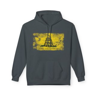 A hoodie featuring the Gadsden Flag design, with the iconic coiled rattlesnake and the text "Don't Tread on Me" printed on the front. The hoodie is made of a soft blend of 80% ring-spun cotton and 20% polyester, with a medium-heavy fabric. It includes a color-matched, jersey-lined hood, a pouch pocket, and dropped shoulders for a casual and comfortable fit. The image conveys a patriotic and rebellious theme, perfect for history lovers and supporters of American liberty.