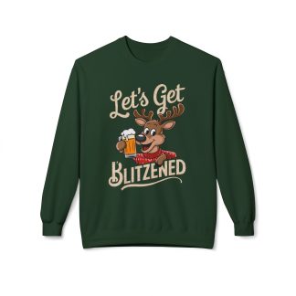 Cozy holiday sweatshirt featuring a festive reindeer holding a beer, with 'Let's Get Blitzened' printed in bold, playful text. Perfect for holiday gatherings and adding humor to Christmas parties. Made from 80% ring-spun cotton and 20% polyester, this sweatshirt is eco-friendly, durable, and features a relaxed fit for comfort and style.