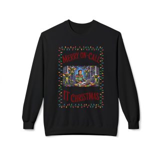 A festive sweatshirt featuring a frazzled IT guy surrounded by mischievous gremlins attacking computers, with the text "Merry On-Call IT Christmas" printed across the front. Perfect for holiday humor and IT professionals stuck working through the season.