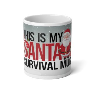 A white ceramic coffee mug with a glossy finish, featuring the text "This is my Santa Survival Mug" printed in bold, festive letters. The mug has a C-shaped easy-grip handle and a generous capacity of 20oz (0.6l), designed for holiday enthusiasts seeking extra coffee or cocoa during the busy Christmas season.