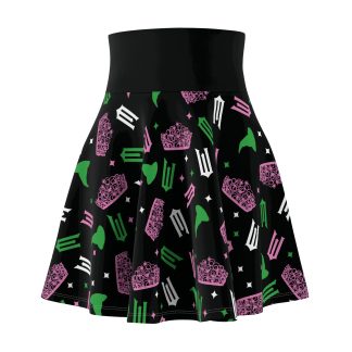 Women's skater skirt inspired by Wicked, featuring an all-over print with symbols representing Glinda and Elphaba. Made with soft, lightweight fabric (95% polyester, 5% spandex) for a versatile fit. Perfect for casual or dressed-up looks.