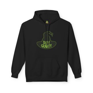 Unisex sweatshirt featuring Elphaba's witch hat and the phrase 'Defy Gravity' printed in bold lettering. Made from an 80% cotton and 20% polyester blend with a soft, 100% cotton face, this hoodie has a dropped shoulder, color-matched hood, and a convenient pouch pocket. It offers a classic fit and is designed for both comfort and style.