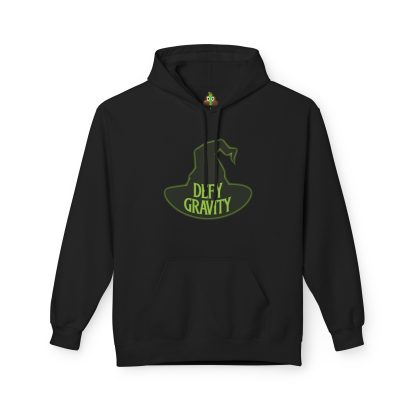 Unisex sweatshirt featuring Elphaba's witch hat and the phrase 'Defy Gravity' printed in bold lettering. Made from an 80% cotton and 20% polyester blend with a soft, 100% cotton face, this hoodie has a dropped shoulder, color-matched hood, and a convenient pouch pocket. It offers a classic fit and is designed for both comfort and style.