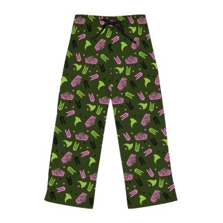 Women's pajama pants featuring an all-over print design inspired by Wicked, with symbols representing Glinda and Elphaba. Made from lightweight 100% polyester jersey knit fabric, the pants showcase a relaxed fit with a back elastic waistband and adjustable black drawstring tie for maximum comfort. The design is vibrant and magical, perfect for lounging in style.