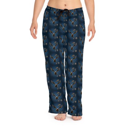 Women's pajama pants featuring an all-over Golden Snitch design. Made from soft 100% polyester jersey knit fabric with a relaxed fit, elastic waistband, and black drawstring tie. Perfect for lounging in magical comfort.