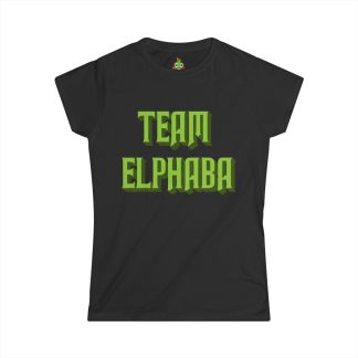 Women’s softstyle t-shirt with 'Team Elphaba' printed on it. The design features a bold graphic celebrating the character Elphaba from Wicked. Made from 100% ringspun cotton, the t-shirt has a semi-fitted silhouette, shortened sleeves, and a ribbed-knit collar for added durability. Light fabric and true-to-size fit, perfect for fans of Wicked or those who embrace individuality and courage.