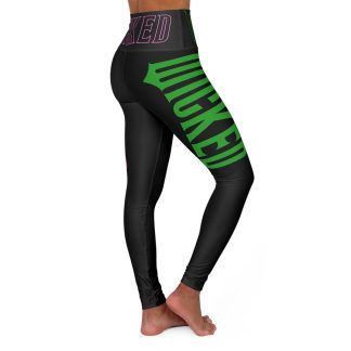 High-waisted women’s yoga leggings with a unique design featuring 'Wicked' printed in pink on one leg for Glinda and green on the other leg for Elphaba. Made from 83% polyester and 17% spandex, offering a skinny fit and vibrant athleisure style.