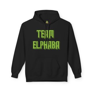 Unisex sweatshirt with 'Team Elphaba' printed in bold lettering, celebrating the iconic character from Wicked. Made from an 80% cotton and 20% polyester blend, featuring a dropped shoulder, color-matched hood, and a convenient pouch pocket. Designed for comfort and sustainability, it offers a classic fit with eco-friendly and ethically sourced materials.