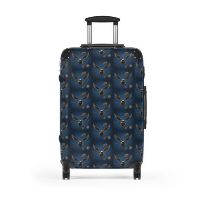 Quidditch-inspired suitcase featuring a golden snitch design, made with a polycarbonate front and ABS back hard-shell. The suitcase has four double wheels with 360° swivel, an adjustable telescopic handle, built-in lock, and two inner pockets. The high-resolution canvas print is encapsulated in a durable PC shell. Perfect for magical travelers.