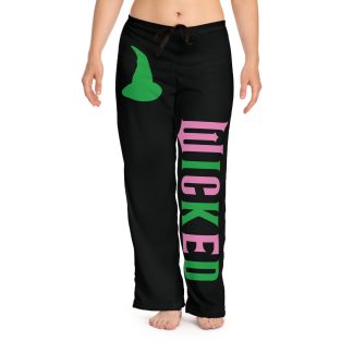 Cozy women's pajama pants featuring 'Wicked' written down one leg, with a pink crown for Glinda and a green witch's hat for Elphaba, perfect for fans of the musical. Relaxed fit, 100% polyester, elastic waistband with drawstring tie.