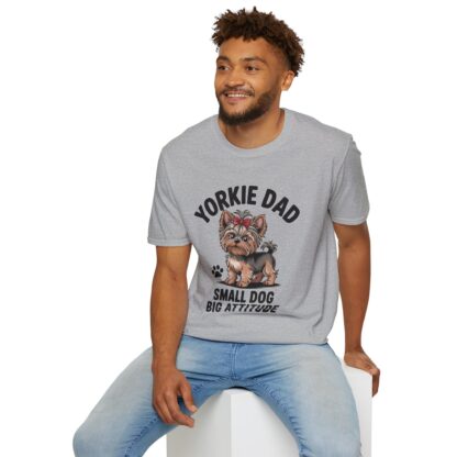 Grey Gildan G64000 softstyle t-shirt with an adorable Yorkshire Terrier dog with a hair bow image and Yorkie Dad Small Dog Big Attitude printed on it.