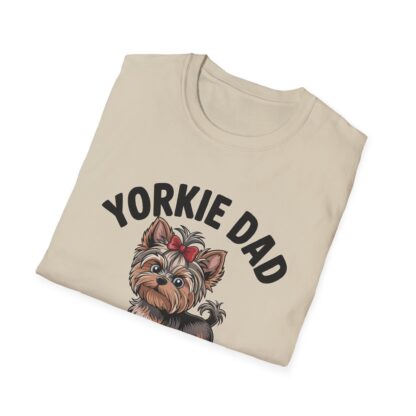 Sand Beige Gildan G64000 softstyle t-shirt with an adorable Yorkshire Terrier dog with a hair bow image and Yorkie Dad Small Dog Big Attitude printed on it.