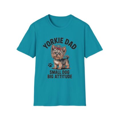 Tropical Blue Gildan G64000 softstyle t-shirt with an adorable Yorkshire Terrier dog with a hair bow image and Yorkie Dad Small Dog Big Attitude printed on it.