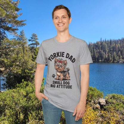 Grey Gildan G64000 softstyle t-shirt with an adorable Yorkshire Terrier dog with a hair bow image and Yorkie Dad Small Dog Big Attitude printed on it.