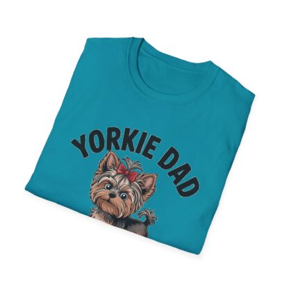 Tropical Blue Gildan G64000 softstyle t-shirt with an adorable Yorkshire Terrier dog with a hair bow image and Yorkie Dad Small Dog Big Attitude printed on it.