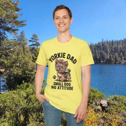 Cornsilk Yellow Gildan G64000 softstyle t-shirt with an adorable Yorkshire Terrier dog with a hair bow image and Yorkie Dad Small Dog Big Attitude printed on it.
