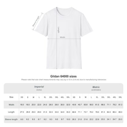 Sizing Chart Gildan G64000 softstyle t-shirt with an adorable Weiner dog image and Dachshund Dad Long & Proud printed on it.