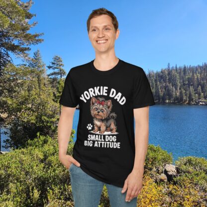 Black Gildan G64000 softstyle t-shirt with an adorable Yorkshire Terrier dog with a hair bow image and Yorkie Dad Small Dog Big Attitude printed on it.