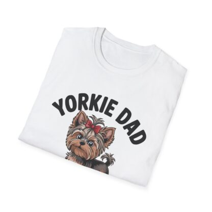 White Gildan G64000 softstyle t-shirt with an adorable Yorkshire Terrier dog with a hair bow image and Yorkie Dad Small Dog Big Attitude printed on it.