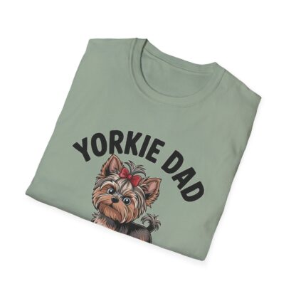Sage Green Gildan G64000 softstyle t-shirt with an adorable Yorkshire Terrier dog with a hair bow image and Yorkie Dad Small Dog Big Attitude printed on it.