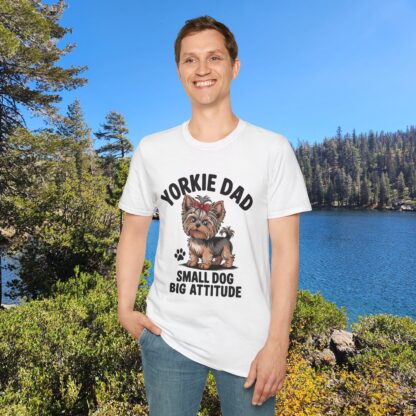 White Gildan G64000 softstyle t-shirt with an adorable Yorkshire Terrier dog with a hair bow image and Yorkie Dad Small Dog Big Attitude printed on it.