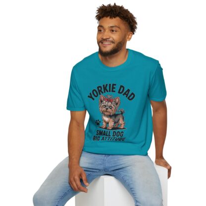 Tropical Blue Gildan G64000 softstyle t-shirt with an adorable Yorkshire Terrier dog with a hair bow image and Yorkie Dad Small Dog Big Attitude printed on it.