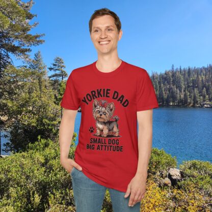 Red Gildan G64000 softstyle t-shirt with an adorable Yorkshire Terrier dog with a hair bow image and Yorkie Dad Small Dog Big Attitude printed on it.