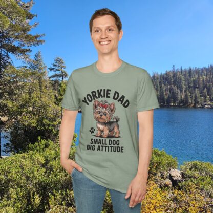 Sage Green Gildan G64000 softstyle t-shirt with an adorable Yorkshire Terrier dog with a hair bow image and Yorkie Dad Small Dog Big Attitude printed on it.