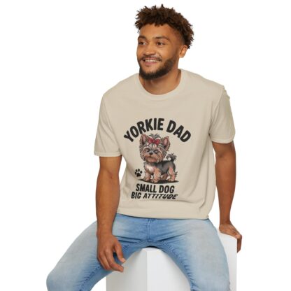 Sand Beige Gildan G64000 softstyle t-shirt with an adorable Yorkshire Terrier dog with a hair bow image and Yorkie Dad Small Dog Big Attitude printed on it.