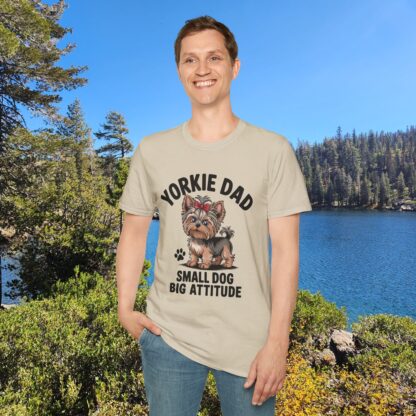 Sand Beige Gildan G64000 softstyle t-shirt with an adorable Yorkshire Terrier dog with a hair bow image and Yorkie Dad Small Dog Big Attitude printed on it.
