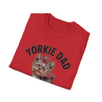 Red Gildan G64000 softstyle t-shirt with an adorable Yorkshire Terrier dog with a hair bow image and Yorkie Dad Small Dog Big Attitude printed on it.