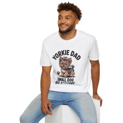 White Gildan G64000 softstyle t-shirt with an adorable Yorkshire Terrier dog with a hair bow image and Yorkie Dad Small Dog Big Attitude printed on it.