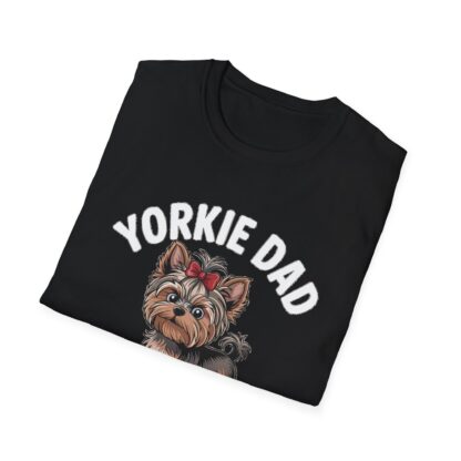 Black Gildan G64000 softstyle t-shirt with an adorable Yorkshire Terrier dog with a hair bow image and Yorkie Dad Small Dog Big Attitude printed on it.