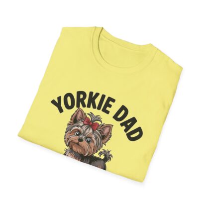 Cornsilk Yellow Gildan G64000 softstyle t-shirt with an adorable Yorkshire Terrier dog with a hair bow image and Yorkie Dad Small Dog Big Attitude printed on it.