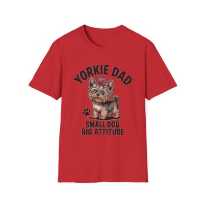 Red Gildan G64000 softstyle t-shirt with an adorable Yorkshire Terrier dog with a hair bow image and Yorkie Dad Small Dog Big Attitude printed on it.