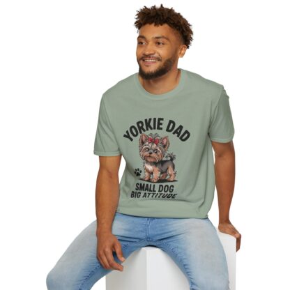 Sage Green Gildan G64000 softstyle t-shirt with an adorable Yorkshire Terrier dog with a hair bow image and Yorkie Dad Small Dog Big Attitude printed on it.